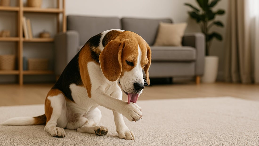 Chien qui se lèche les pattes - lave pattes