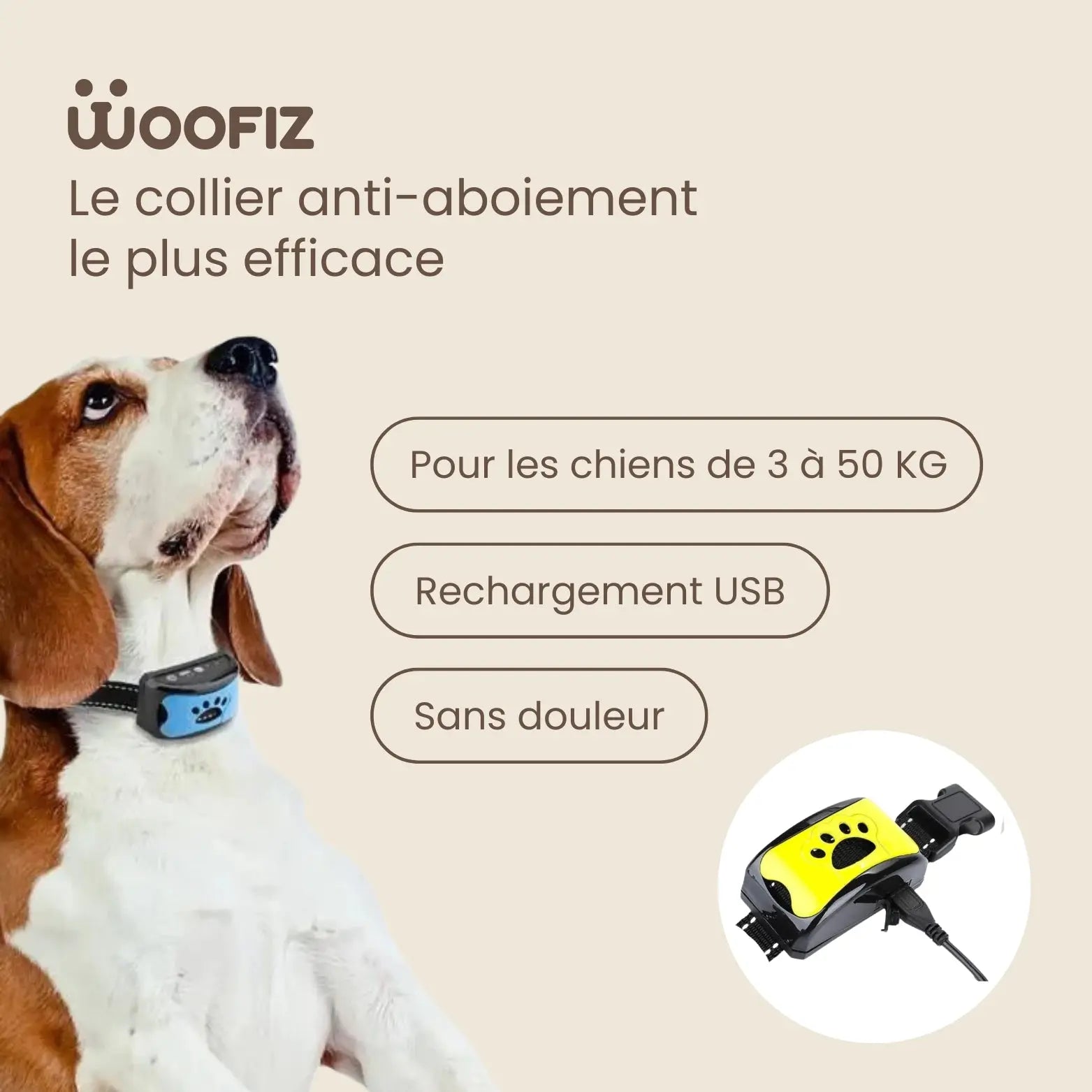 Collier anti-aboiement sans choc pour chien Woofiz